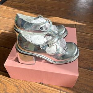 Silver Mary Jane Block Heel Pumps